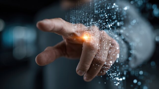Augmented reality interface with human hand touching mixed reality holographic screen, finger performing click zoom and mouse gestures on transparent digital display