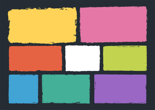 Colorful grunge rectangle frames set with distressed edges. Hand drawn textured borders for photo overlays, social media layouts, banners, and paper design