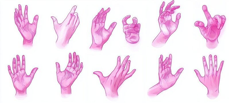twelve pink illustrated hands showing a variety of expressive gestures and finger poses on a white background, playful and dynamic hand study