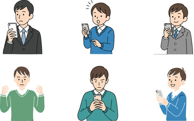 Fototapeta premium Man Using Smartphone Collection with Different Reactions Happy Surprised Focused and Excited Emotions Modern Lifestyle Vector Illustration Set