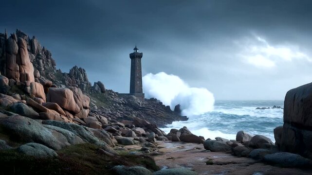 Dramatic lighthouse standing against stormy seas