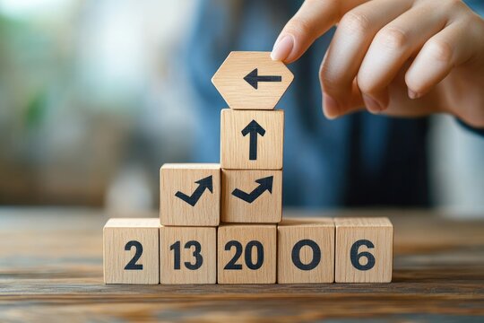 Hand placing an arrow-shaped wooden block on stacked wooden cubes with directional arrows and numbered cubes reading 2 13 20 0 6 on a table, conveying thoughtful planning and decision making