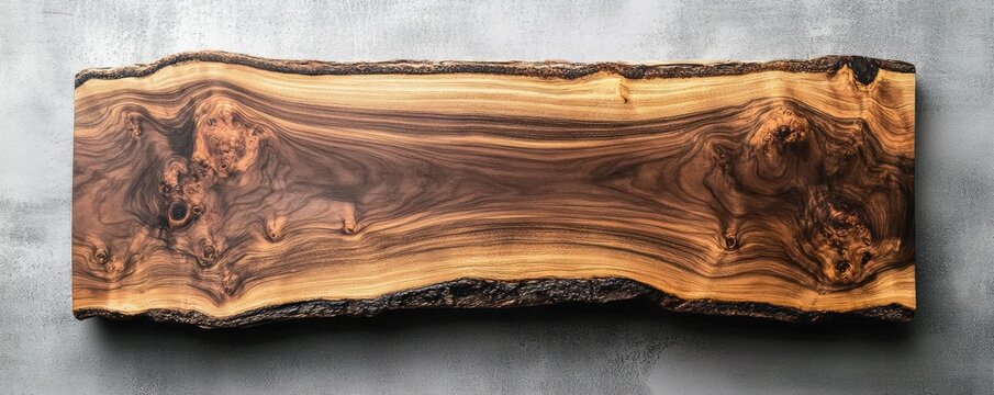 polished live edge wooden slab with swirling burl grain on textured gray background, warm natural rustic elegance