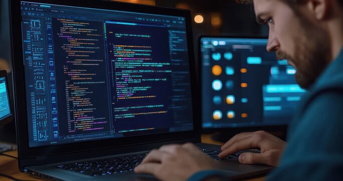 focused programmer typing on a laptop displaying a code editor with syntax highlighting and a second monitor showing UI dashboard in a dim workstation, concentrated and intent