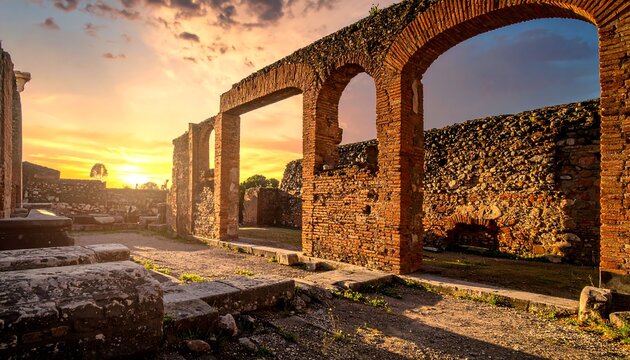 Ruined brick structure with archways, bathed in warm sunset hues