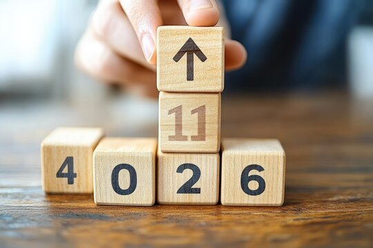 Hand placing a wooden block with an upward arrow atop stacked wooden number blocks (4 0 2 6 and 11) on a wooden table, suggesting progress and ambition