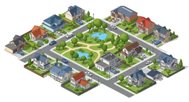 Isometric suburban neighborhood with houses and park.