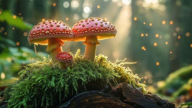 Two red-spotted mushrooms on a moss-covered log in a sunlit forest with glowing bokeh lights and a warm, magical, serene atmosphere