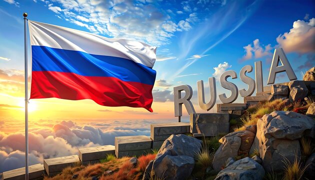 Russian flag waving on a mountain with the word "RUSSIA" in large letters, bright sky