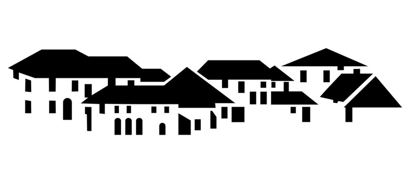 Black silhouette panoramic village townscape with row of traditional houses and sloped rooftops, minimal flat urban skyline strip illustration isolated on background