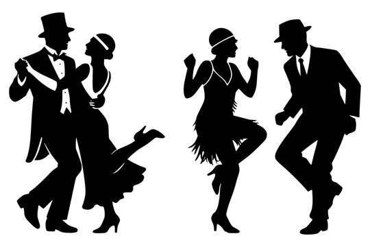 Elegant black silhouettes of 1920s style couples dancing. Retro vector illustration featuring flapper dresses, top hats, and classic jazz age fashion, perfect for Great Gatsby themed parties and vinta
