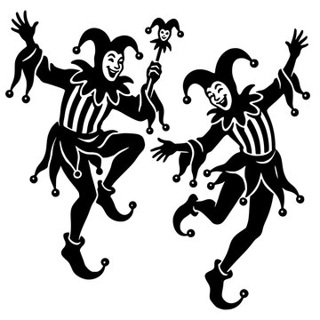Two dancing medieval court jesters with jester hats, bells and scepter, playful clown performers in striped costume, bold black silhouette illustration isolated on background
