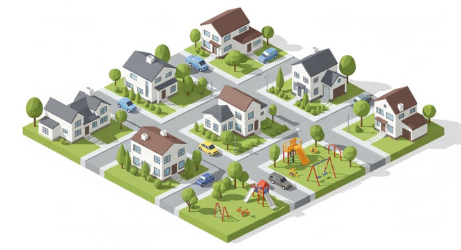 Isometric Suburban Neighborhood Block Illustration.