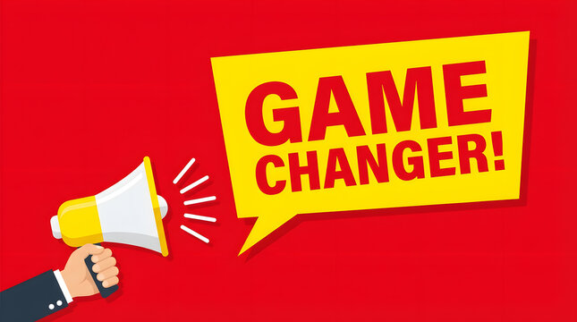 Hand holding megaphone with game changer text on yellow speech bubble red background