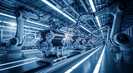 Fototapeta premium A blue-tinted image of a futuristic factory or warehouse with bright lights