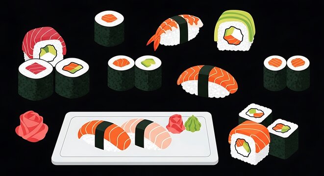 Assorted sushi rolls, nigiri, ginger, and wasabi on black background