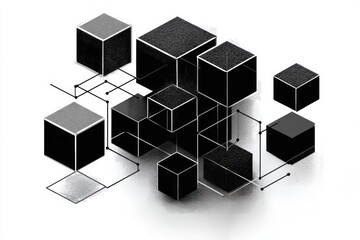 Obraz premium monochrome floating cubes interconnected by thin lines and dots with textured surfaces in an isometric arrangement conveying calm futuristic precision