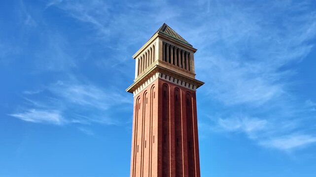 The red brick Venetian Towers as one pair exterior of towers in Barcelona city, Catalonia, Spain