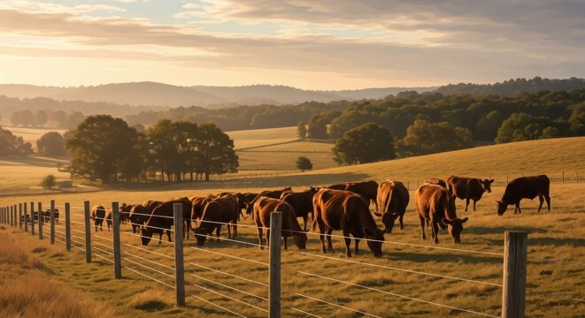 Herd of brown cows grazing in a fenced pasture at sunset with rolling hills and trees in the background