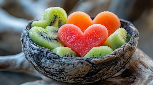 fruit salad with melon and kiwi hearts in bowl on driftwood .