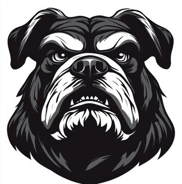 snarling bulldog head illustration with bared teeth, wrinkled muzzle, intense glare and flared ears in bold black and white