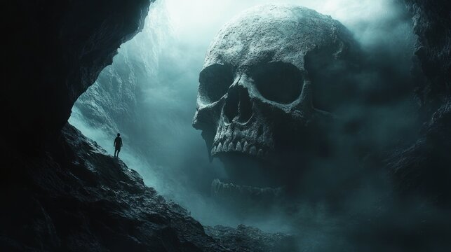 Solitary figure in a misty cavern facing a colossal ancient skull formation, eerie blue-green light and ominous atmosphere