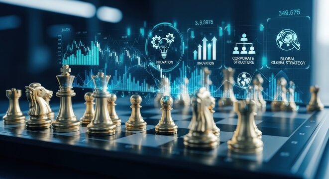 A chess board with golden chess pieces and a digital interface with data and graphs.