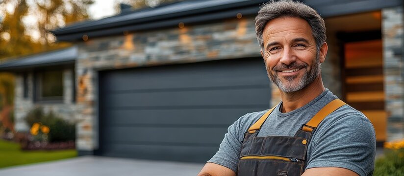 Confident construction worker in overalls standing with arms crossed in front of a modern suburban home with stone facade, closed garage and landscaped front yard