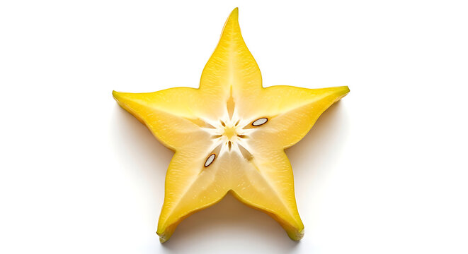 Cross-section of a ripe star fruit showing its distinct shape and seeds with white background carambola tropical isolated vitamins ingredient