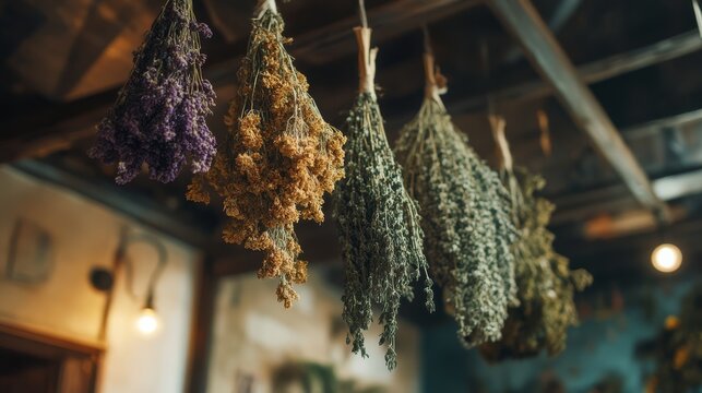 POV hanging dried herbs from the ceiling .