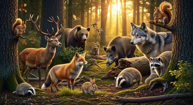 A gathering of forest animals beneath sunlit trees in nature
