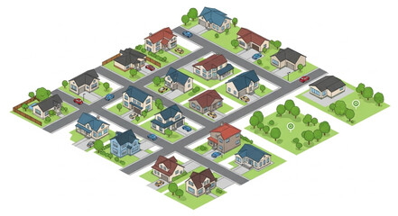Fototapeta premium Isometric Suburban Neighborhood with Houses and Streets.