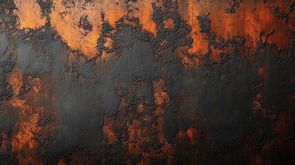 Fototapeta premium peeling black paint and orange rust on a textured metal surface, weathered gritty decay