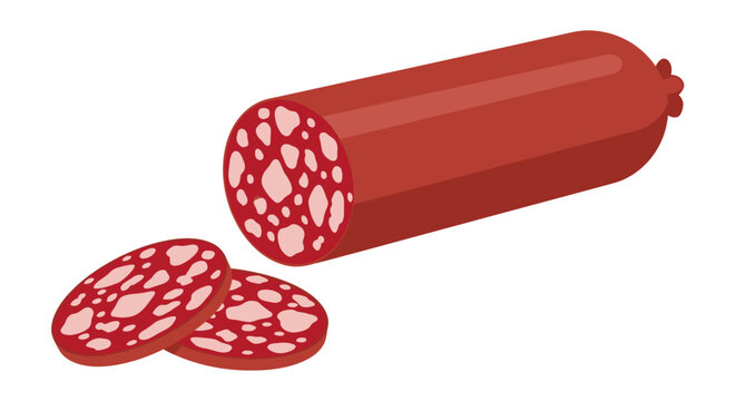 A thick, deep red cured sausage log lies neatly beside two freshly cut circular slices, exposing an intensely vibrant crimson interior beautifully marbled with irregular chunks of bright savoury fats