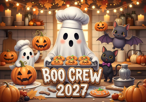 A group of ghosts and cats prepare Halloween treats in a kitchen
