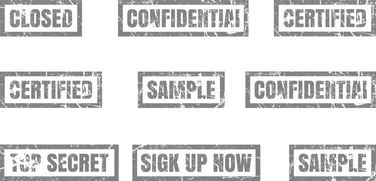 Collection of black grunge rubber office stamps including confidential sample and sign up now text for document marking.