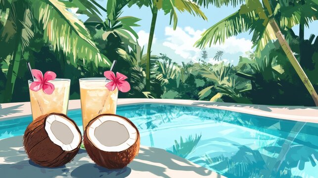 Tropical resort poolside coconut drinks .