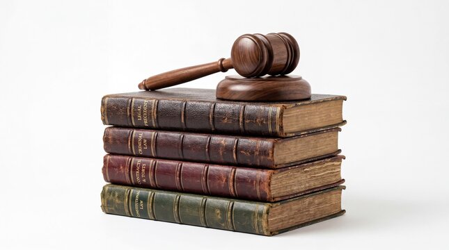 Judge gavel resting on stack of law books isolated on white background