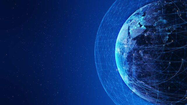 blue Global Network Connect Concept 4K Motion Background. digital hologram globe glitch effect. Global communications, connections and cybersecurity concept technology background.