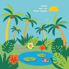 Obraz premium Tropical palm trees with green leaves.