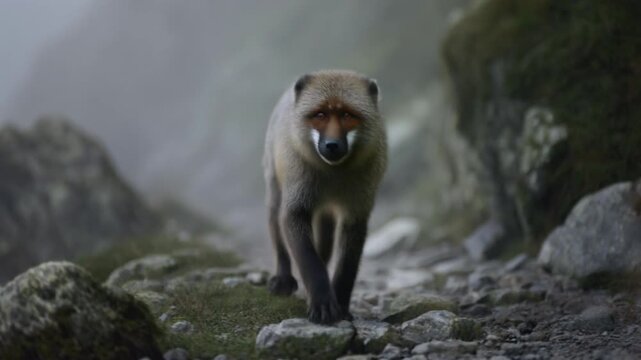 Simien Fox Walking on a Rocky Mountain Path in Dense Mist