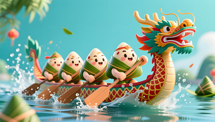 Fototapeta premium Funny zongzi characters racing for Dragon Boat Festival