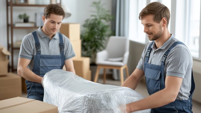 Two men in overalls handle a wrapped piece of furniture