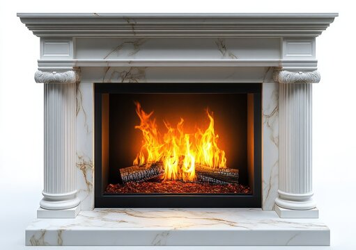white marble mantel fireplace with fluted classical columns, black firebox and roaring burning logs, warm cozy inviting elegant luxurious glow