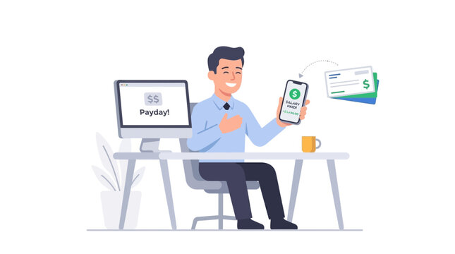 A man sitting at a desk holds a phone with a green checkmark on the screen in an illustration of a modern office scene.