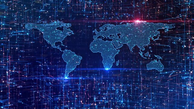 Futuristic Global Cyberspace Map Light Trails High tech map digital networks connecting continents. background includes news broadcasting, cybersecurity global finance presentations, tech promos 3D