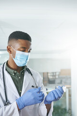 Fototapeta premium Doctor, man and syringe in vial in clinic for medical treatment, flu vaccine and immunization. Health professional, black person and needle with medicine dose for influenza shot, injection and space
