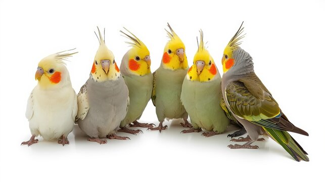 Six colorful cockatiels perched together in a row on a plain background