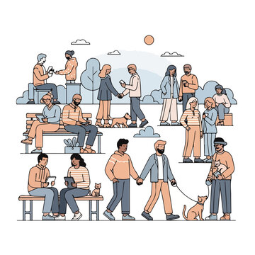 People interacting in public spaces.