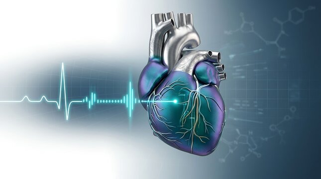 Metallic anatomical human heart rendered with glowing blue light emitting from its complex vascular coronary system